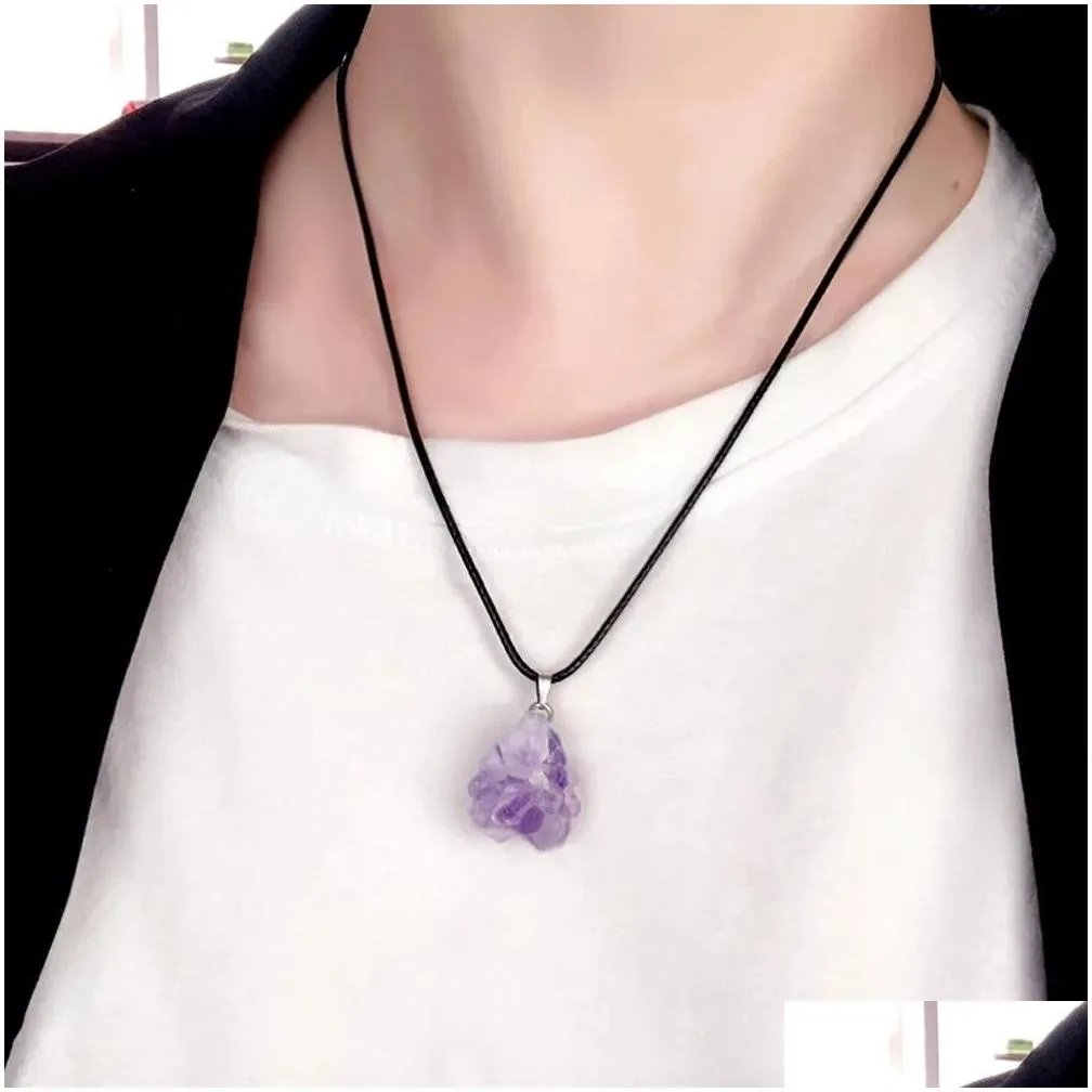irregular mini natural crystal pendant amethyst rough mineral raw stone necklace rope chain for women men wholesale
