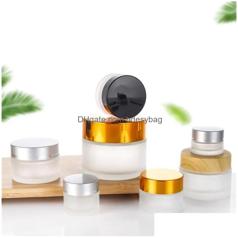 5g 10g frosted glass bottle cosmetic empty jar pot makeup face cream container with black silver gold color lid and inner pad packing