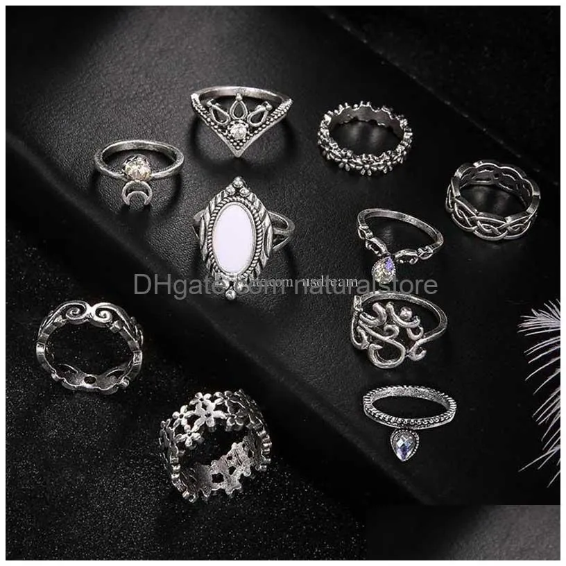 opal cluster ring ancient silver flower moon crown joint combination rings set women fashion jewelry will and sandy gift