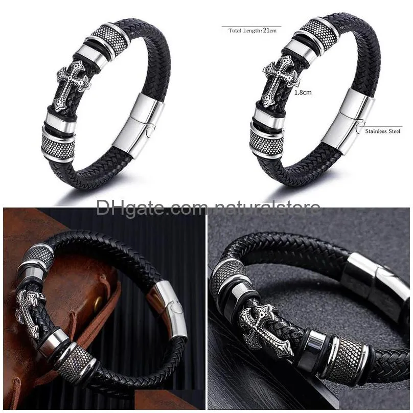 leather woven cross mens bracelet stainless steel button mens hip hop bracelets wristband bangle cuff fashion jewelry gift