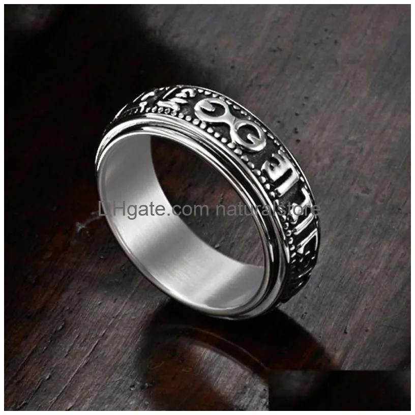 retro stainless steel six-character mantra rings band rotatable ring for men women fashion fine jewelry
