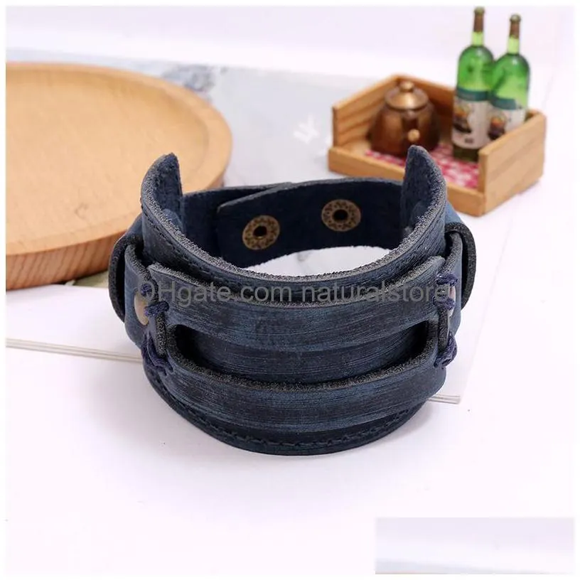 hand leather bangle cuff button adjustable multilayer wrap bracelet wristand for men women will and sandy fashion jewelry