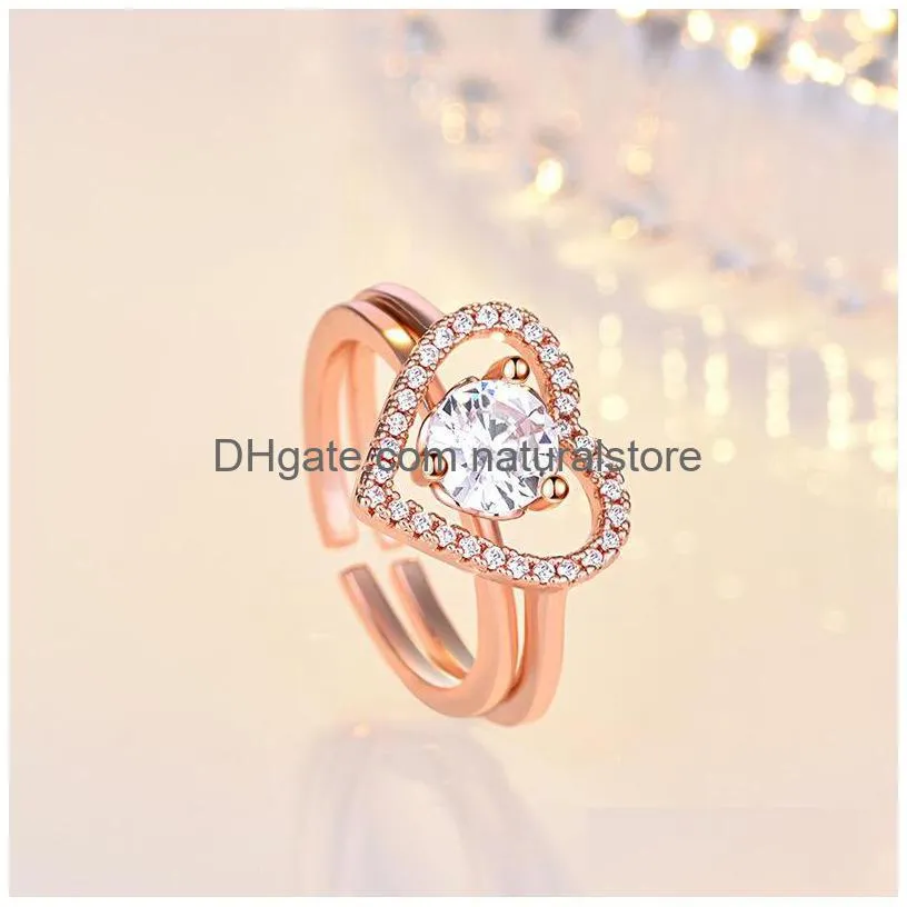 2in1 cubic zirconia ring band combination splicing open adjustable hollow heart rings stacking women girls fashion jewelry will and