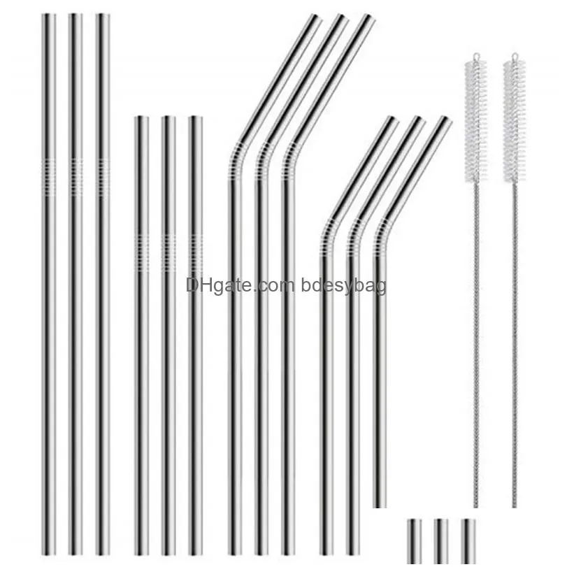 stainless steel straws with cleaning brush straight bend reusable metal drinking straw for cups home kitchen bar accessories