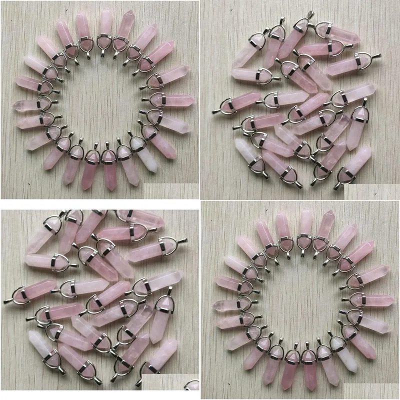 pink crystal rose quartz charms hexagonal prism healing reiki point pendants for jewelry making mki