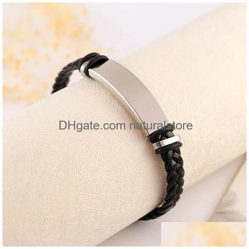 stainless steel tag braid bracelet weave leather bracelet wristband bangle cuff charm bracelets fashion jewelry 320305