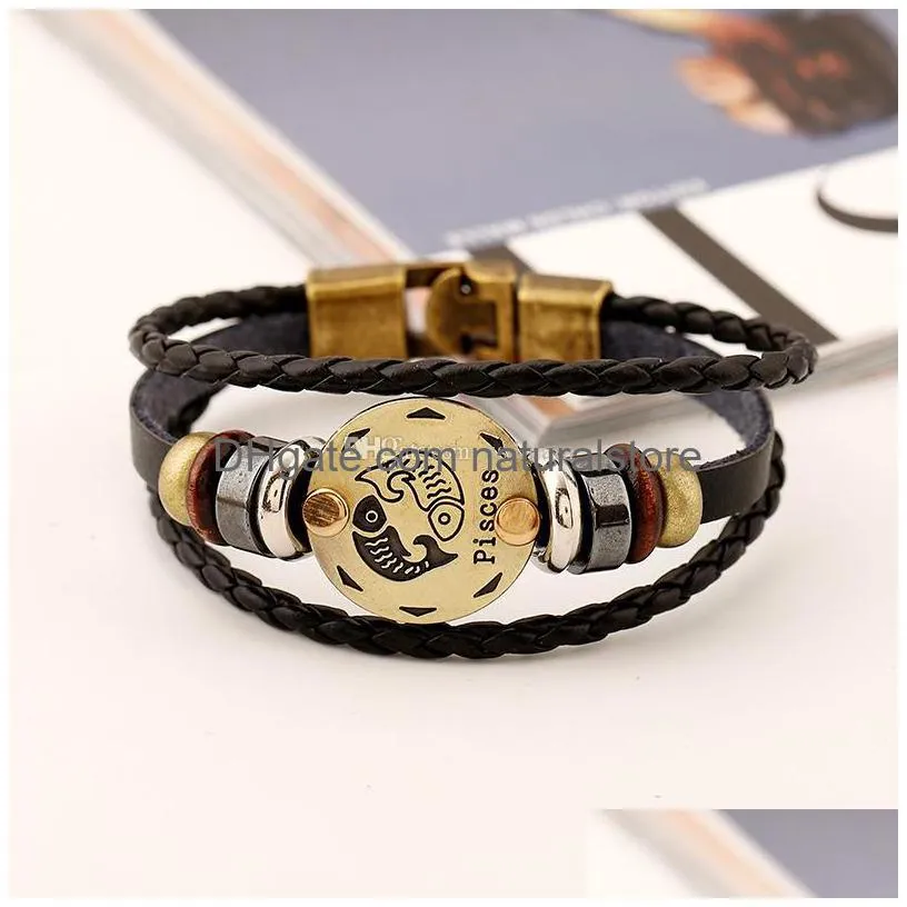 12 constell leather bracelet bronze coin charm horscope sign multilayer wrap bracelets wommen mens bangle cuff will and sandy fashion