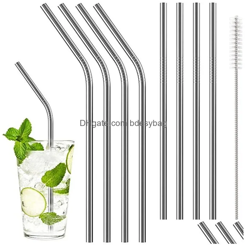 stainless steel drinking straw food grade straight and bend metal straws reusable extra long cleaning brush for kitchen bar