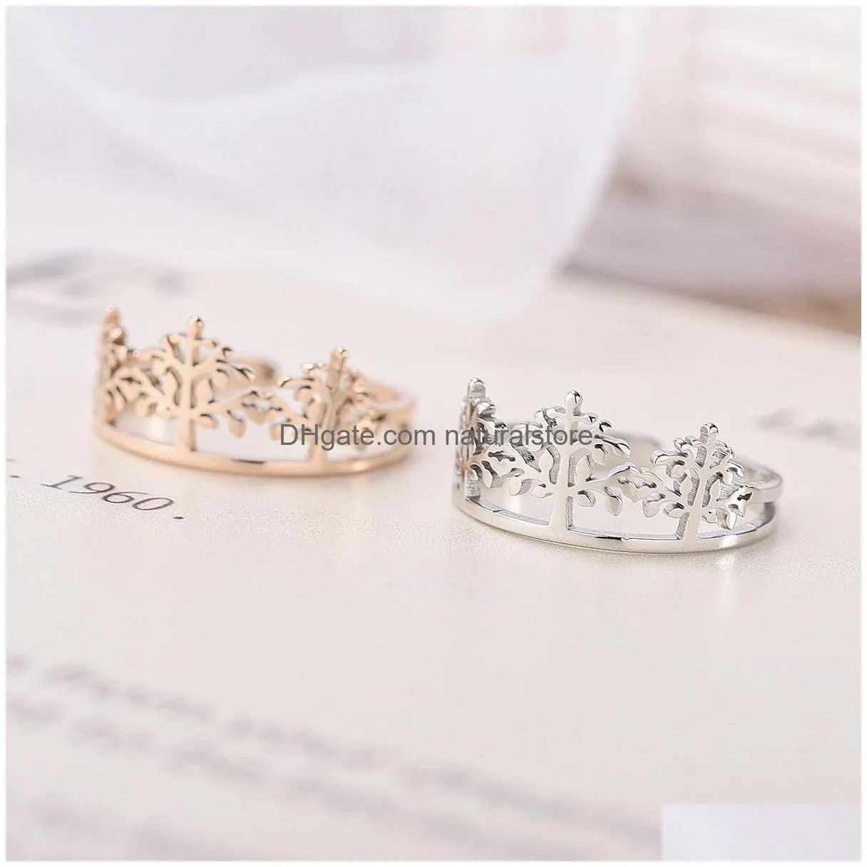 gold plated life of tree crown ring band stainless steel rings for woman fine fashion jewelry