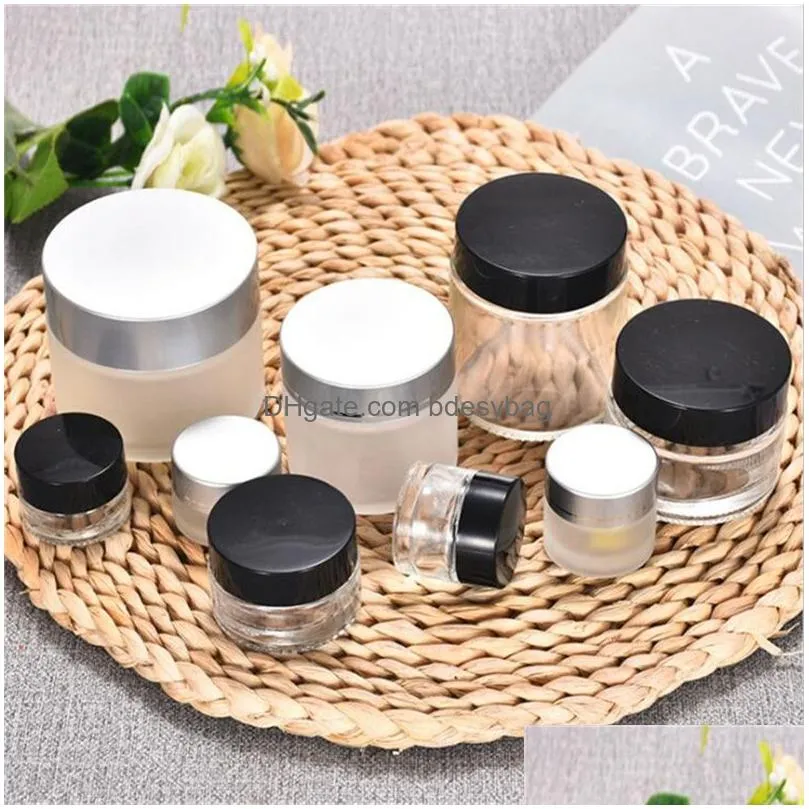 5g 10g frosted glass bottle cosmetic empty jar pot makeup face cream container with black silver gold color lid and inner pad packing