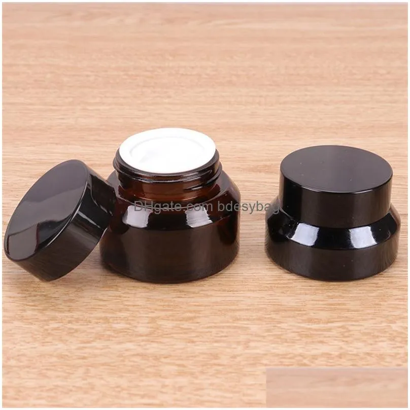 15g 30g 50g amber brown glass cream jar empty container cosmetic bottle with white inner liners and black gold lids