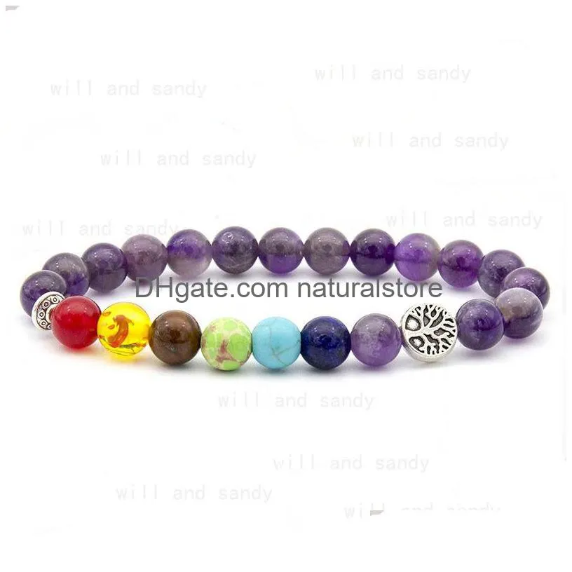 yoga 7 chakra healing stone bead bracelet strand tree of life charm amethyst tiger eye stone bracelets for women men fashion jewelry