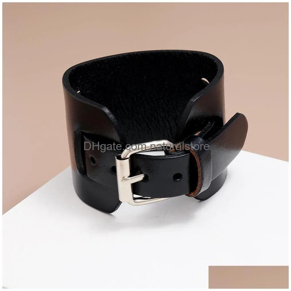 punk leather bangle cuff adjustable pin buckle bracelet wristand for men women fashion jewelry black