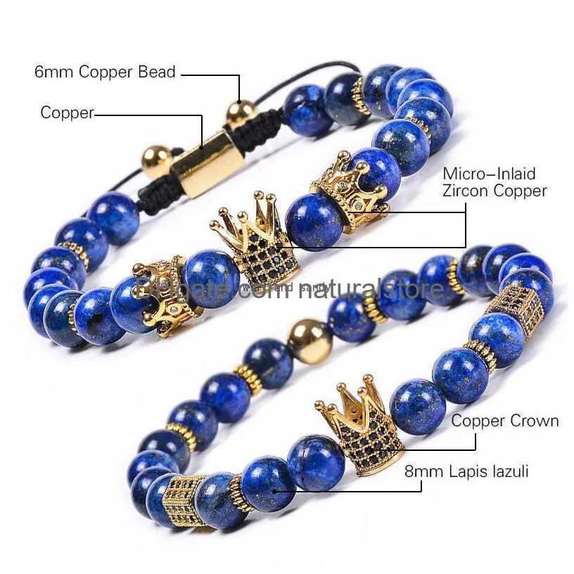 natural stone lapis lazuli crown bracelet braided copper micro-inlaid zircon diamond bracelets bead bracelets women men fashion jewelry will and