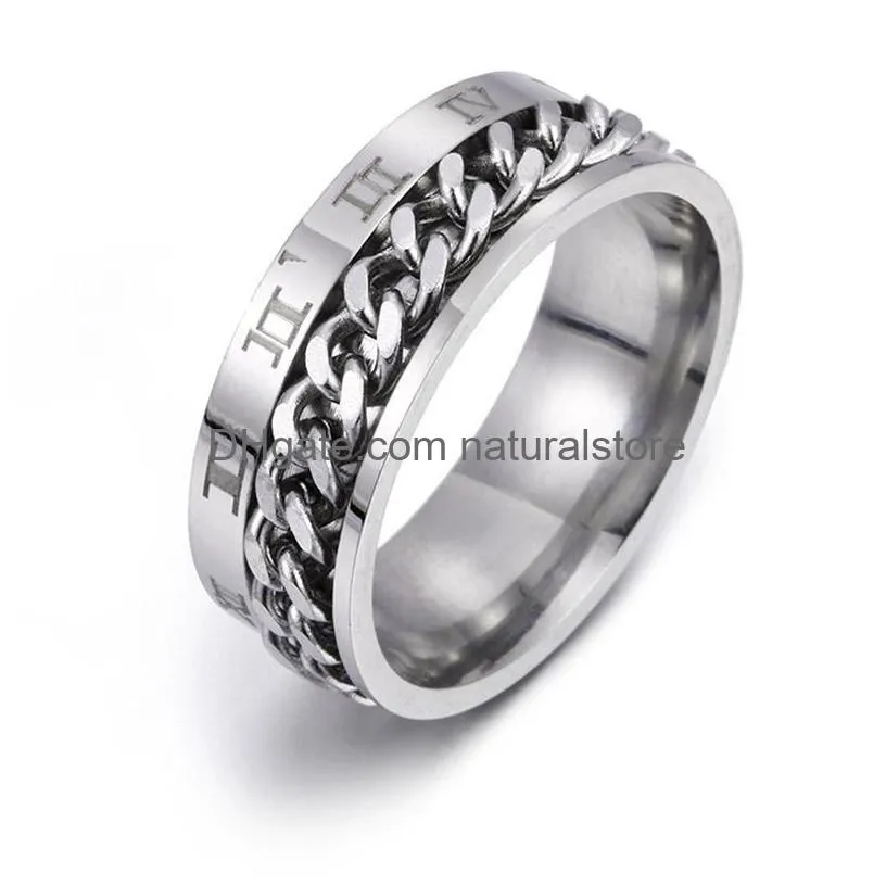 roman numerals rotatable ring band relieve pressure stainless steel spin chain rings men women will and sandy fashion jewelry