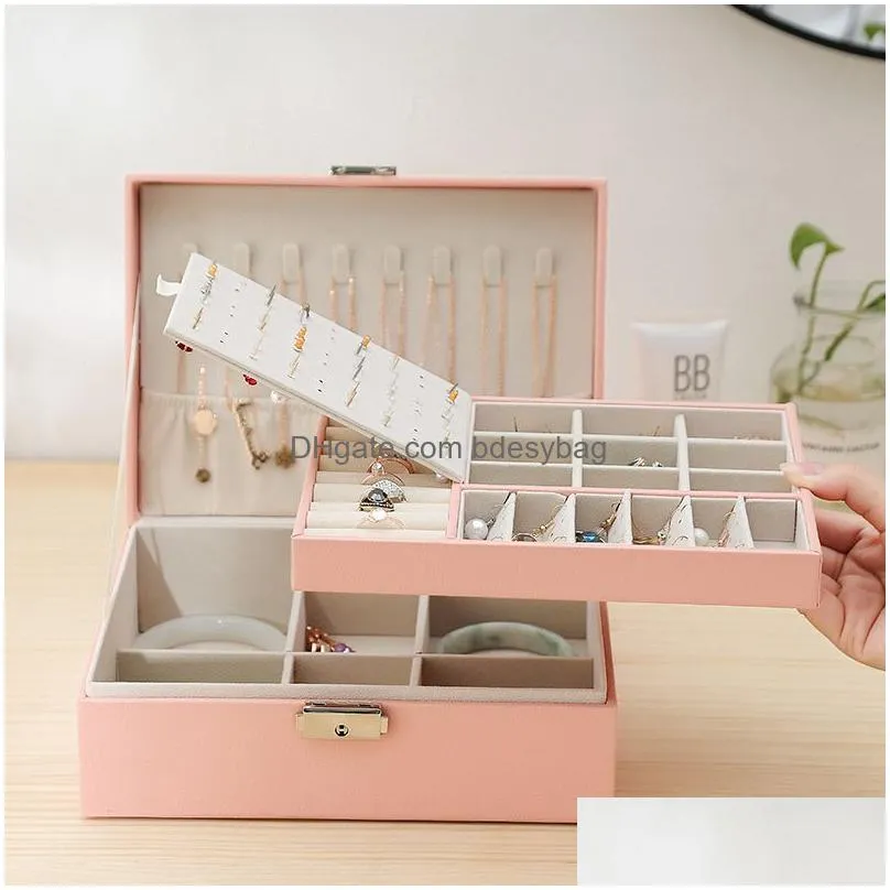 double layer jewelry box pu leather organizer display travel jewelry storage boxes case large space holder for earrings necklaces