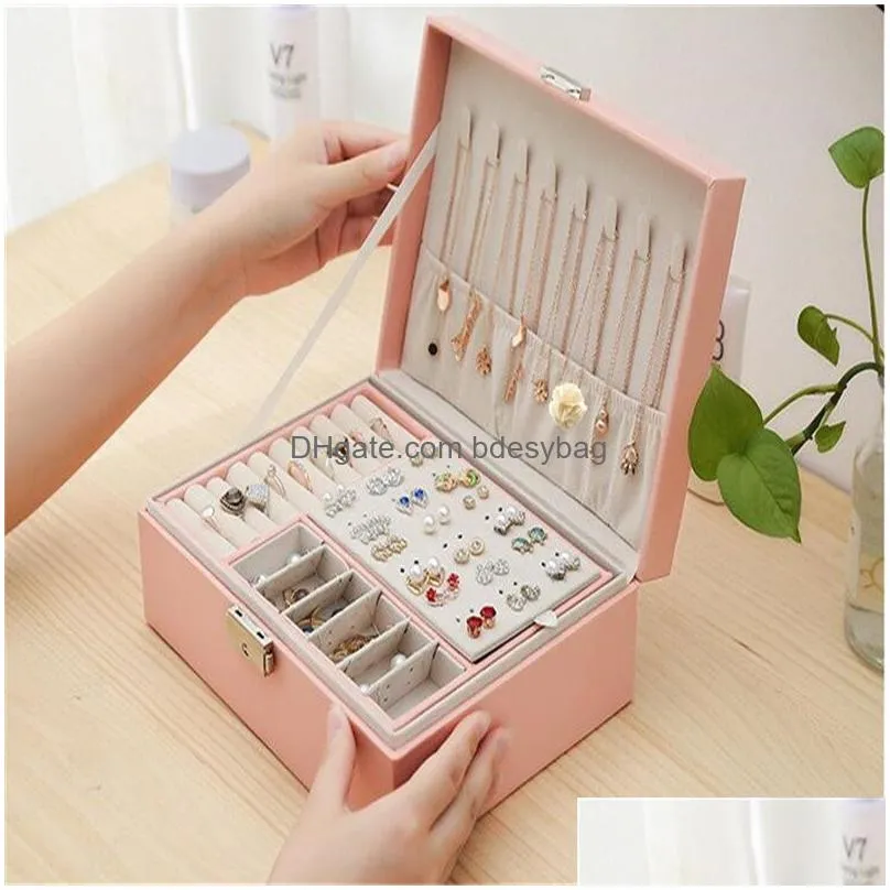 double layer jewelry box pu leather organizer display travel jewelry storage boxes case large space holder for earrings necklaces