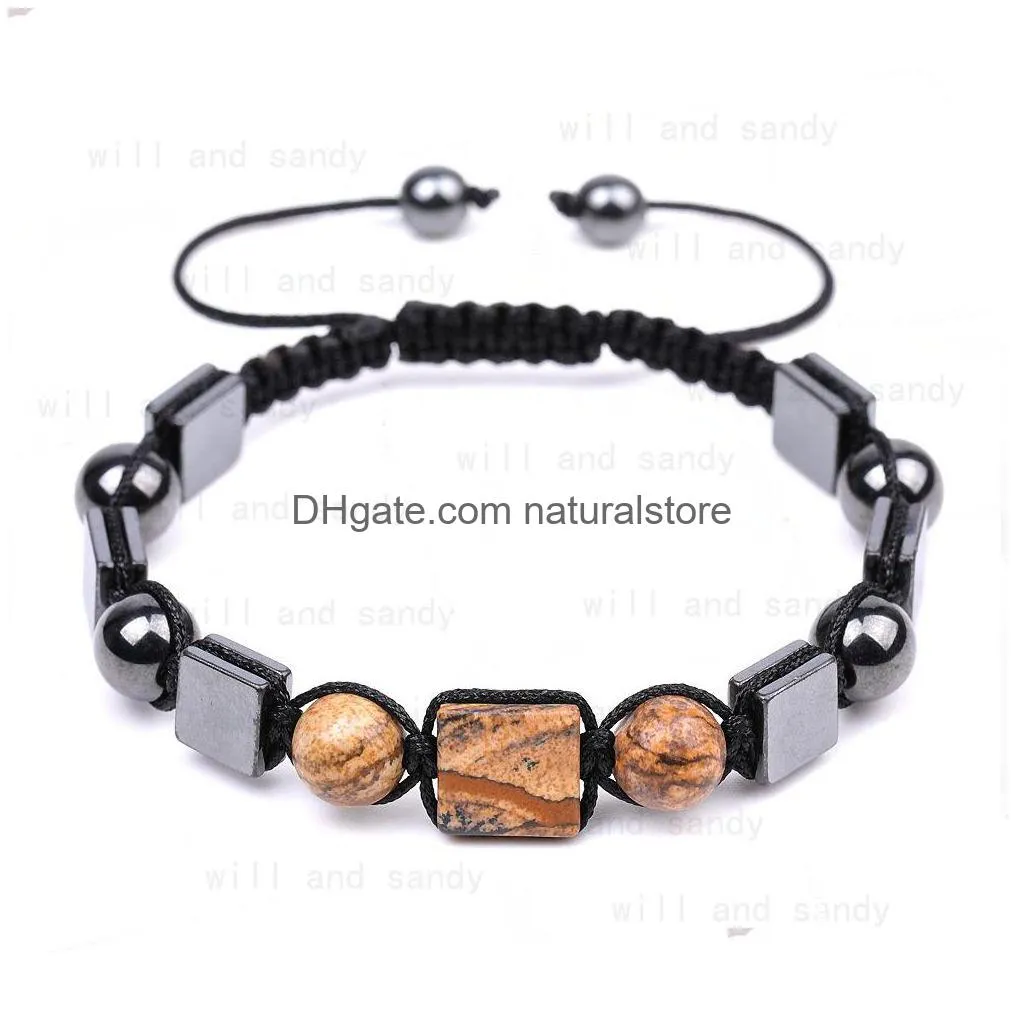 square natural stone beaded strand bracelet string adjustable braided amethyst lapis rhodolite bracelets wristband for men women fashion