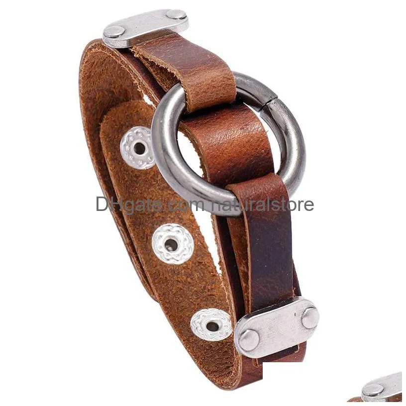 metal o ring leather bangle cuff button adjustable bracelet wristand for men women fashion jewelry