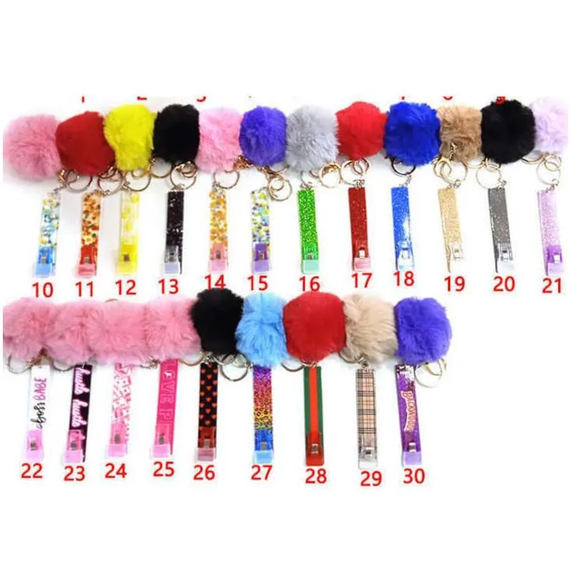 cute credit card puller pompom key rings acrylic debit bank card grabber for long nail atm rabbit fur ball keychain pink cards clip nails
