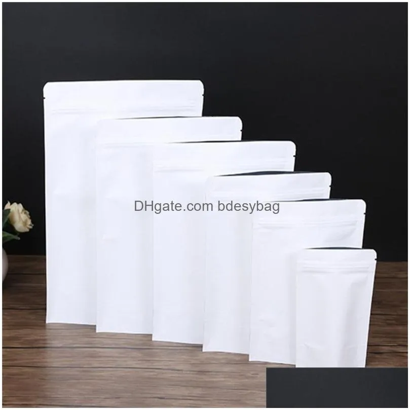 stand up white kraft paper bag aluminum foil packaging pouch food tea snack smell proof resealable bags package