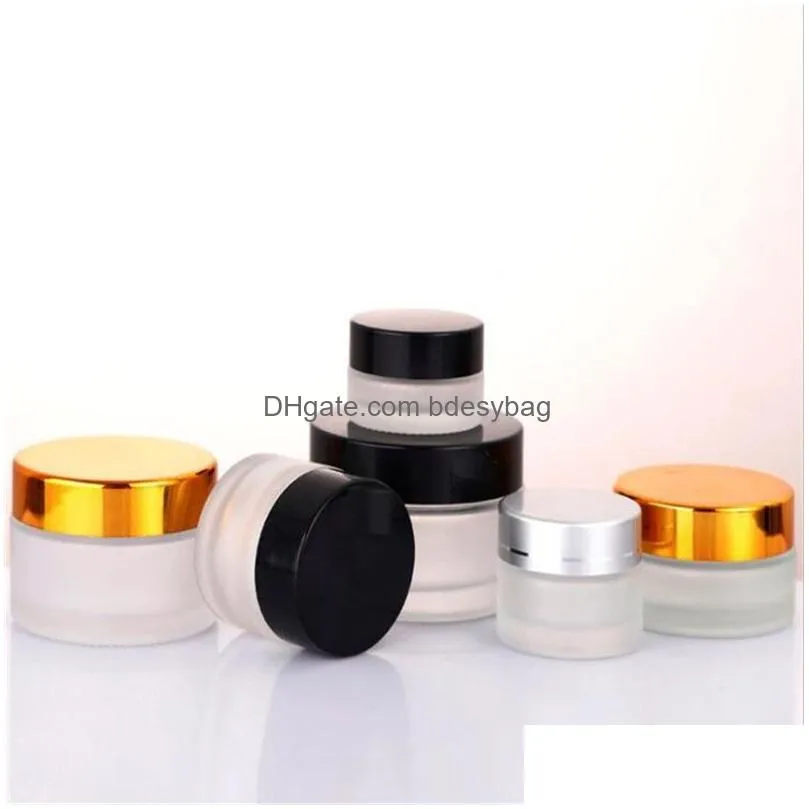 5g 10g frosted glass bottle cosmetic empty jar pot makeup face cream container with black silver gold color lid and inner pad packing