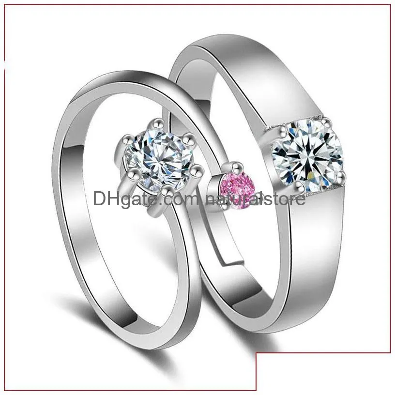 adjustable silver rings crystal cubic zirconia diamond engagement rings for women mens couple wedding gift fashion jewelry