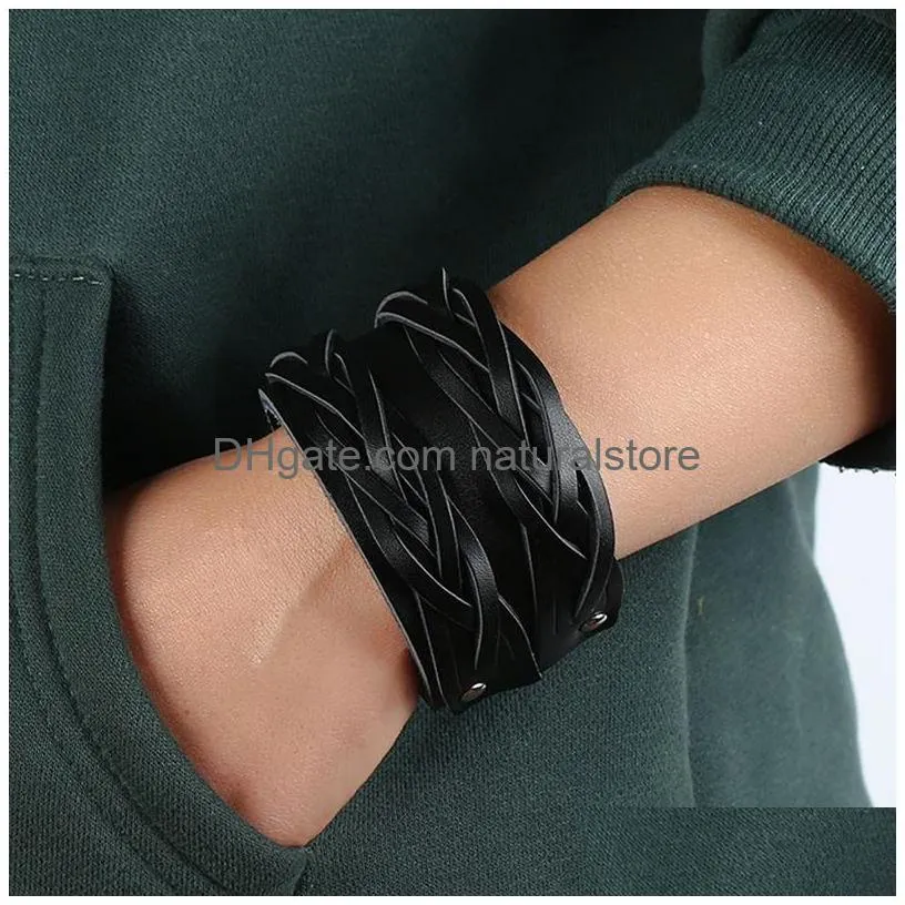 weave braid wide cross leather bangle cuff multilayer wrap button adjustable bracelet wristand for men women fashion jewelry black