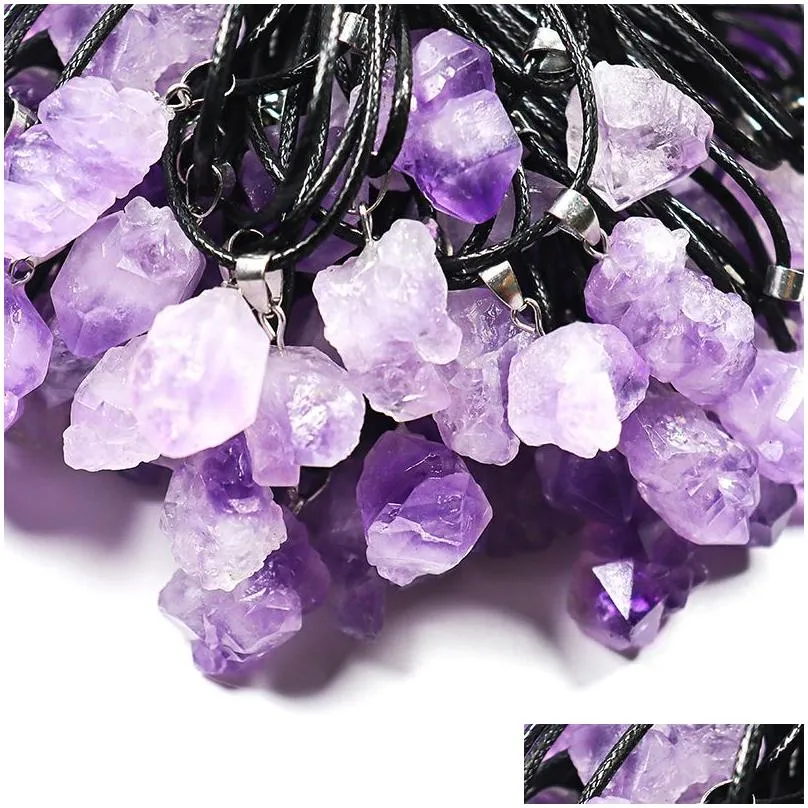 irregular mini natural crystal pendant amethyst rough mineral raw stone necklace rope chain for women men wholesale