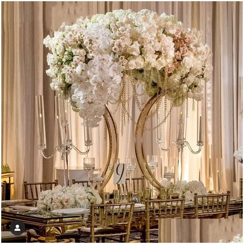 wedding decoration flower vase hotel table centerpieces floral row metal holder flower rack shiny gold arch stand grand-event party