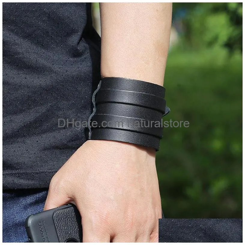 double belt leather bangle cuff black wide button adjustable bracelet wristand for men women fashion jewelry