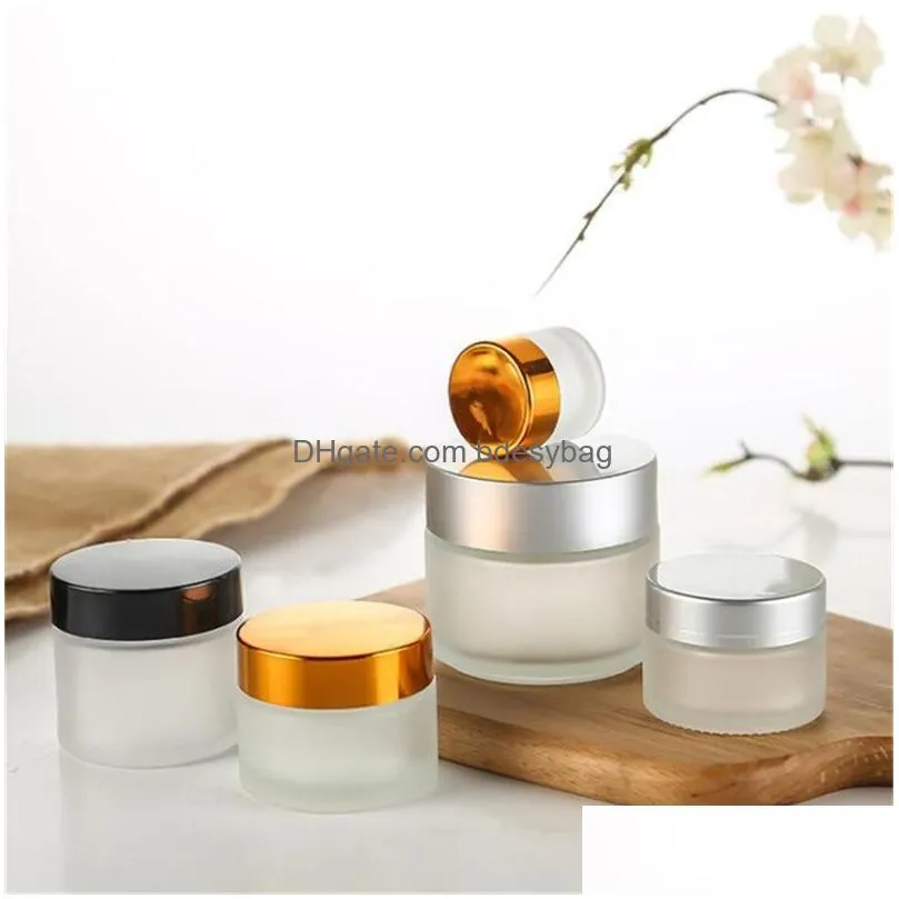 5g 10g frosted glass bottle cosmetic empty jar pot makeup face cream container with black silver gold color lid and inner pad packing