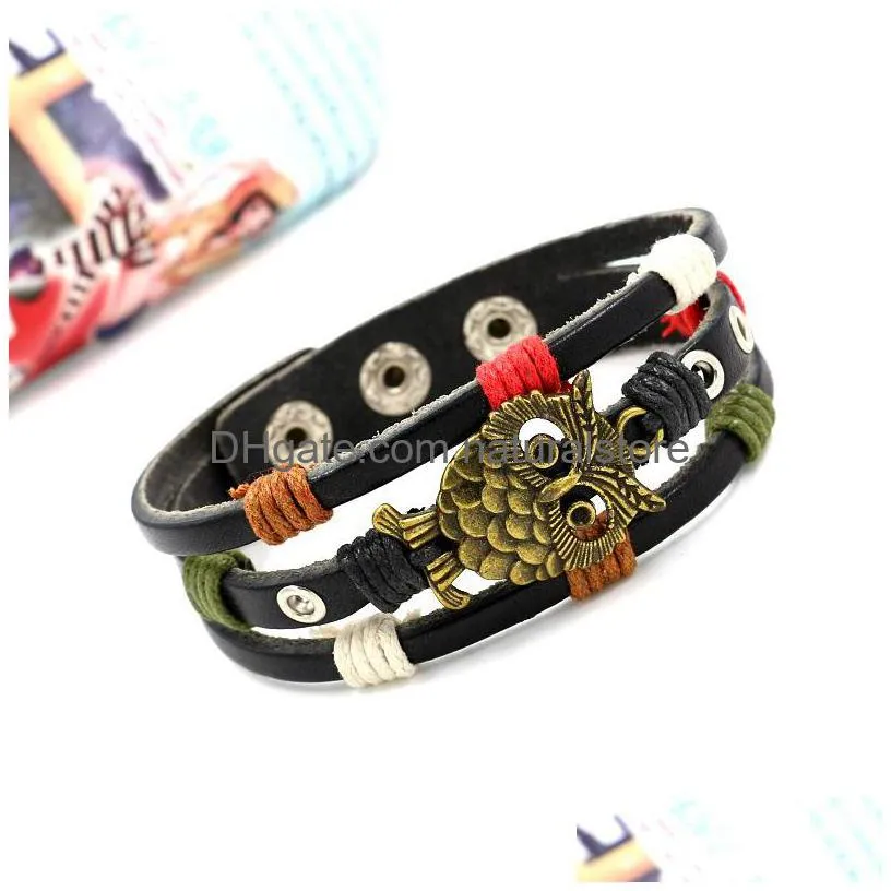 bird owl charm multilayer leather bracelet bangle cuff wrap black brown button adjustable bracelets wristband for women men fashion jewelry will and