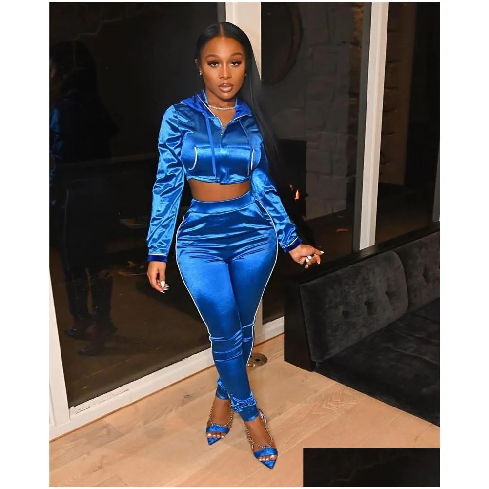 womens two piece pants satin tracksuit women 2 set sportwear hooded crop top and pencil sweat suit joggers casual matching sets