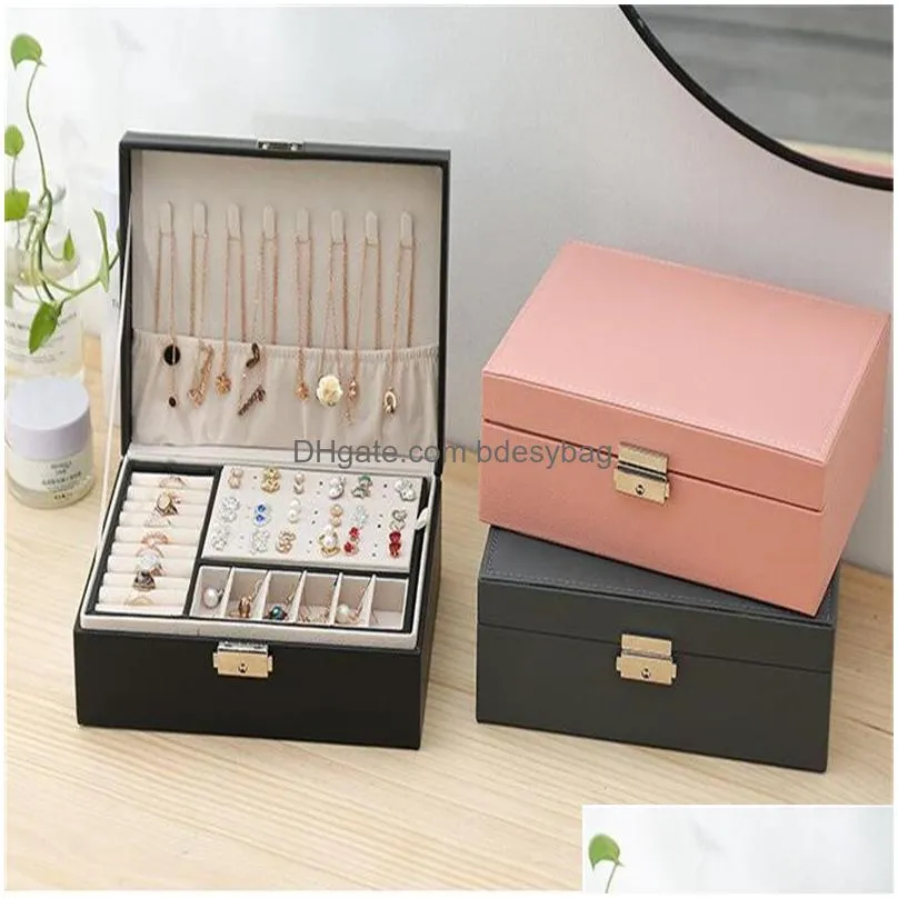 double layer jewelry box pu leather organizer display travel jewelry storage boxes case large space holder for earrings necklaces