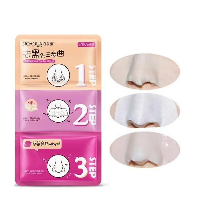3 steps blackhead remover korean cosmetics facial face blackhead mask acne charcoal sheet mask peel off nose mask