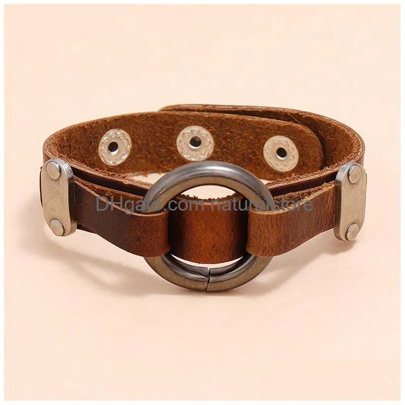 metal o ring leather bangle cuff button adjustable bracelet wristand for men women fashion jewelry