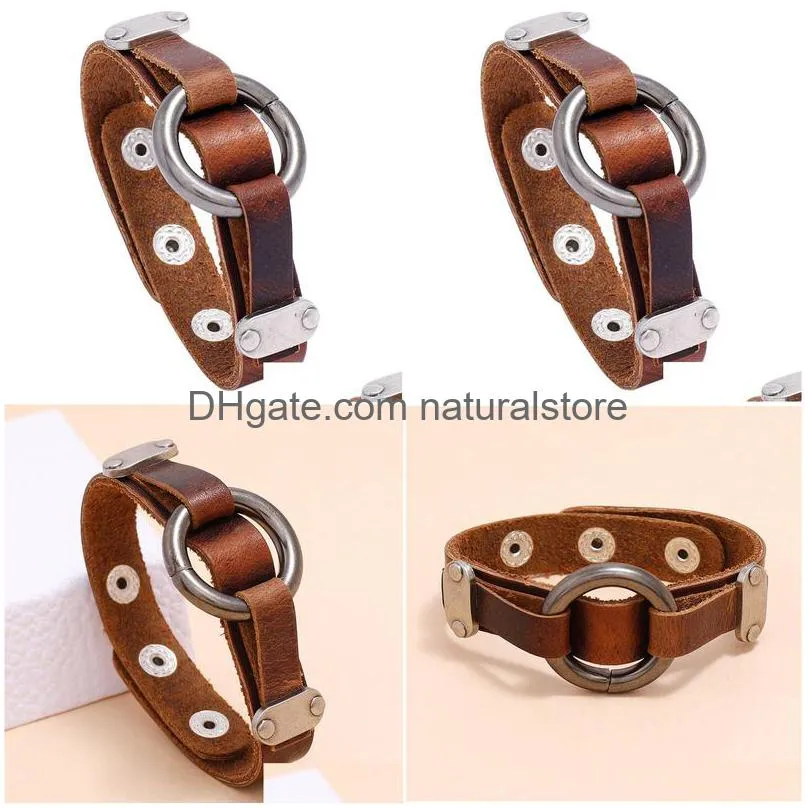 metal o ring leather bangle cuff button adjustable bracelet wristand for men women fashion jewelry