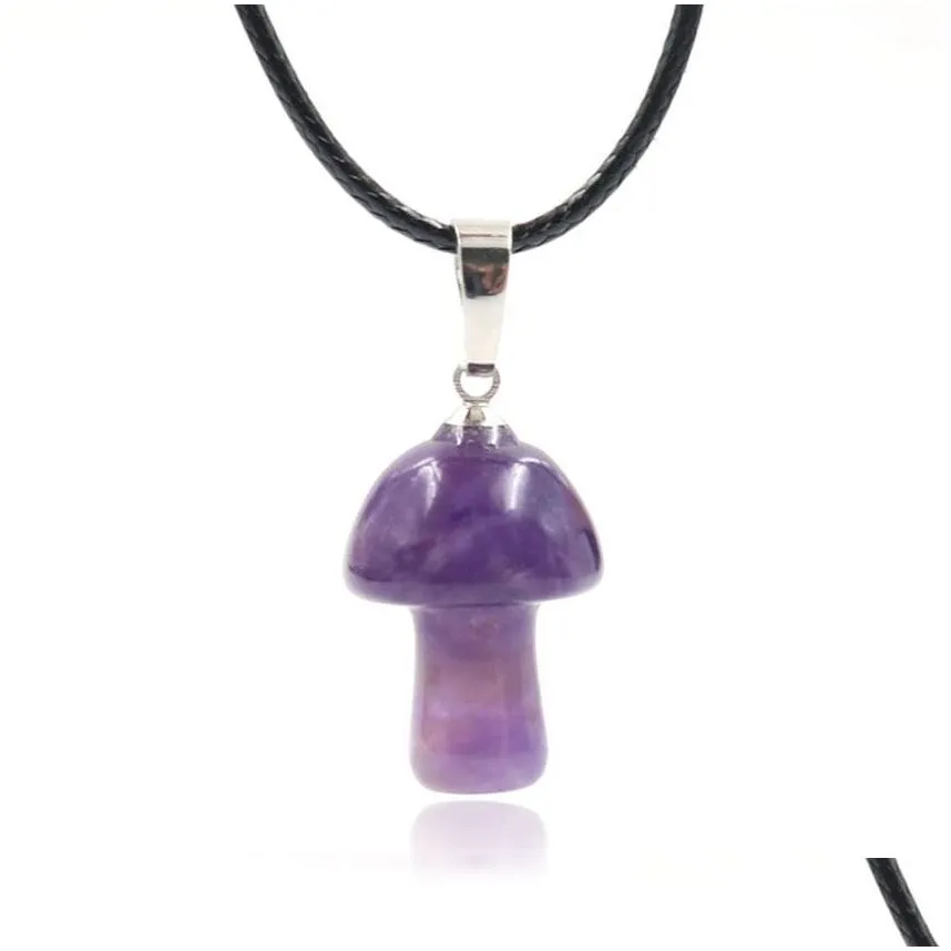 20mm mushroom natural stone carving pendant reiki healing crystals rose quartz rope chain necklace for women jewelry wholesale