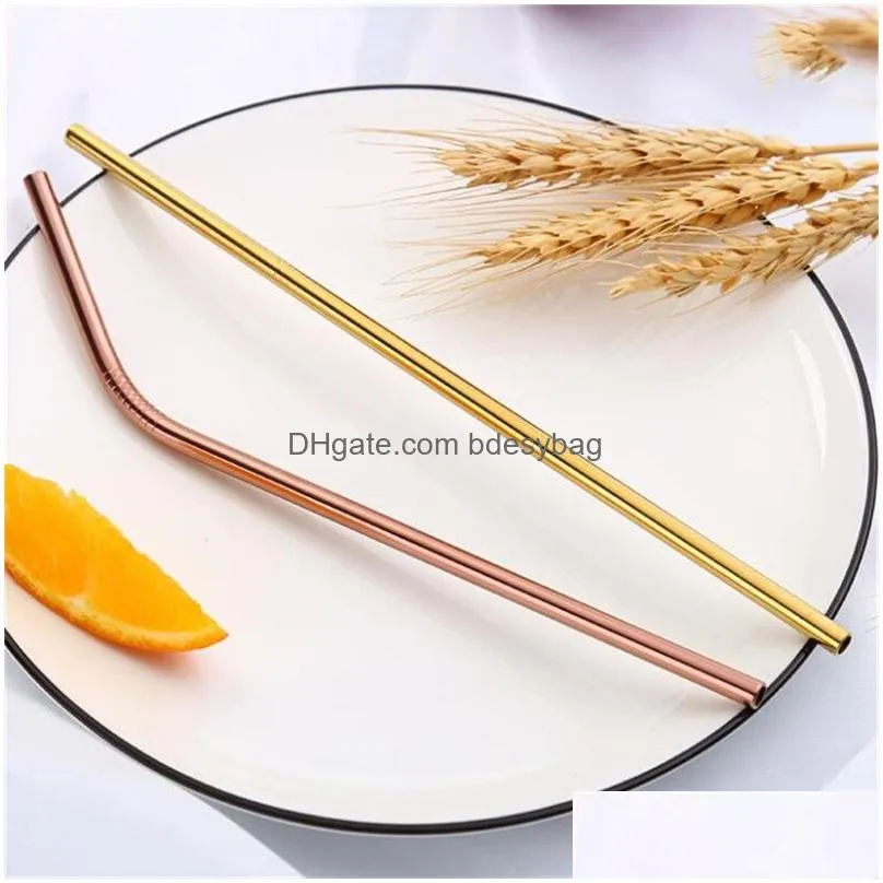 6x215mm colorful stainless steel straws reusable straight and bent metal drinking straw cleaning brush for home kitchen bar