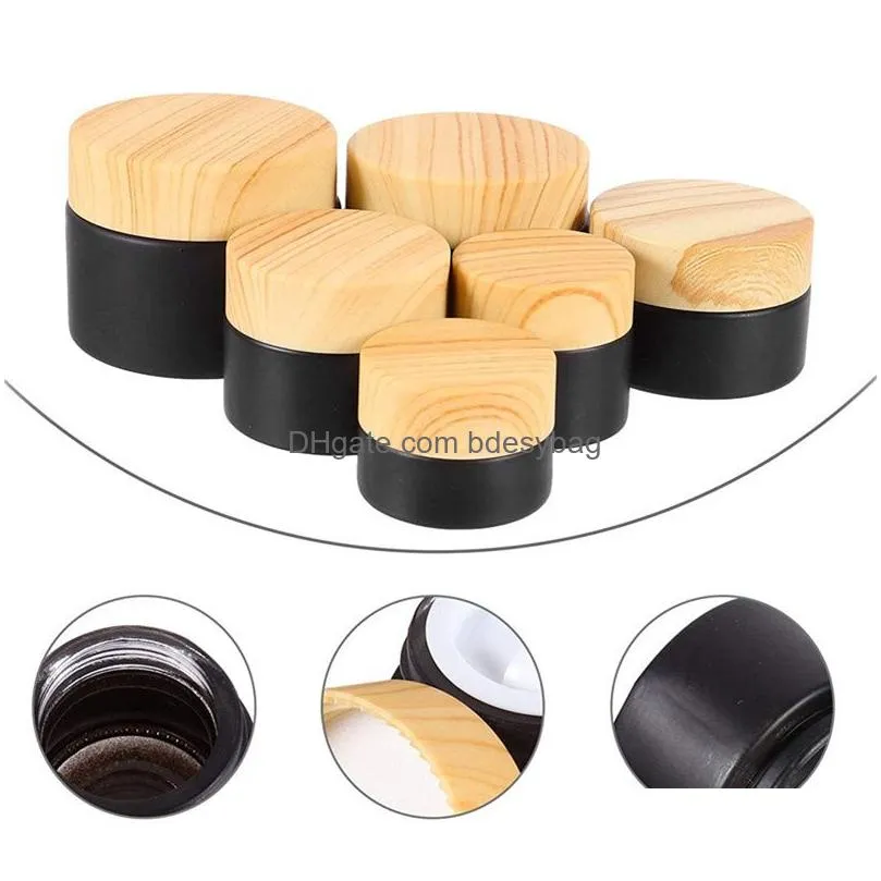5g 10g 15g 20g 30g 50g black frosted glass cosmetic jars cream bottle refillable packing container with imitated wood grain lids and inner
