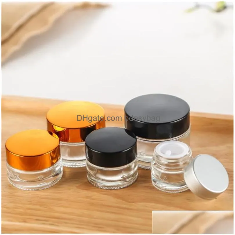 5g 10g glass jar face cream bottle cosmetic empty container with black silver gold lid and inner pad for lotion lip balm