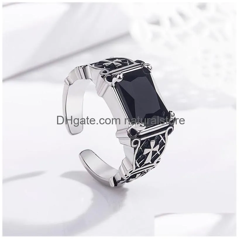 ancient silver jesus cross black agate ring band finger retro open adjustable diamond rings men fashion jewelry will and sandy