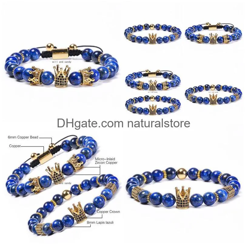 natural stone lapis lazuli crown bracelet braided copper micro-inlaid zircon diamond bracelets bead bracelets women men fashion jewelry will and