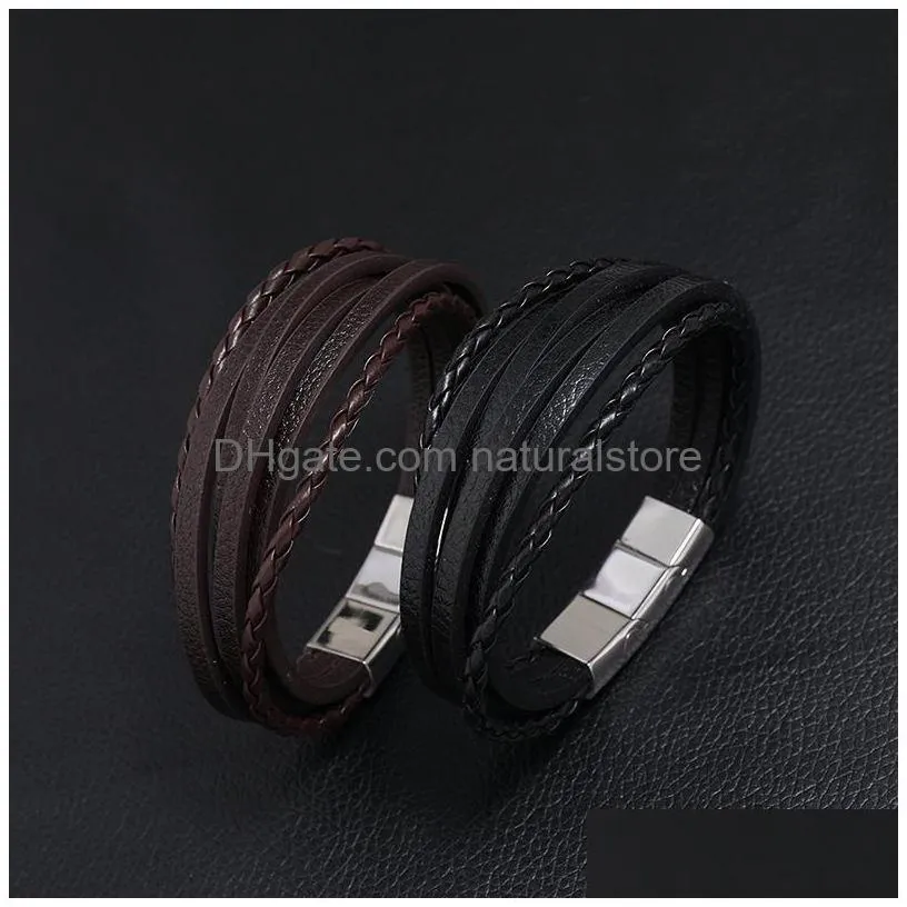 retro leather multi layer wrap bracelet stainless steel buckle bracelets fashion mens bangle cuff wristband jewelry will and sandy