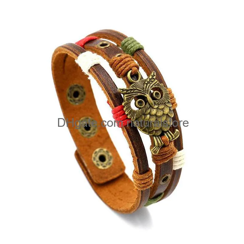 bird owl charm multilayer leather bracelet bangle cuff wrap black brown button adjustable bracelets wristband for women men fashion jewelry will and