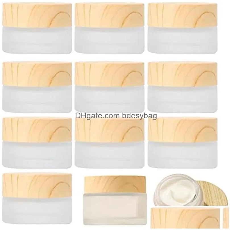 frosted glass jar skin care eye cream jars refillable bottle cosmetic container pot with plastic wood grain lids