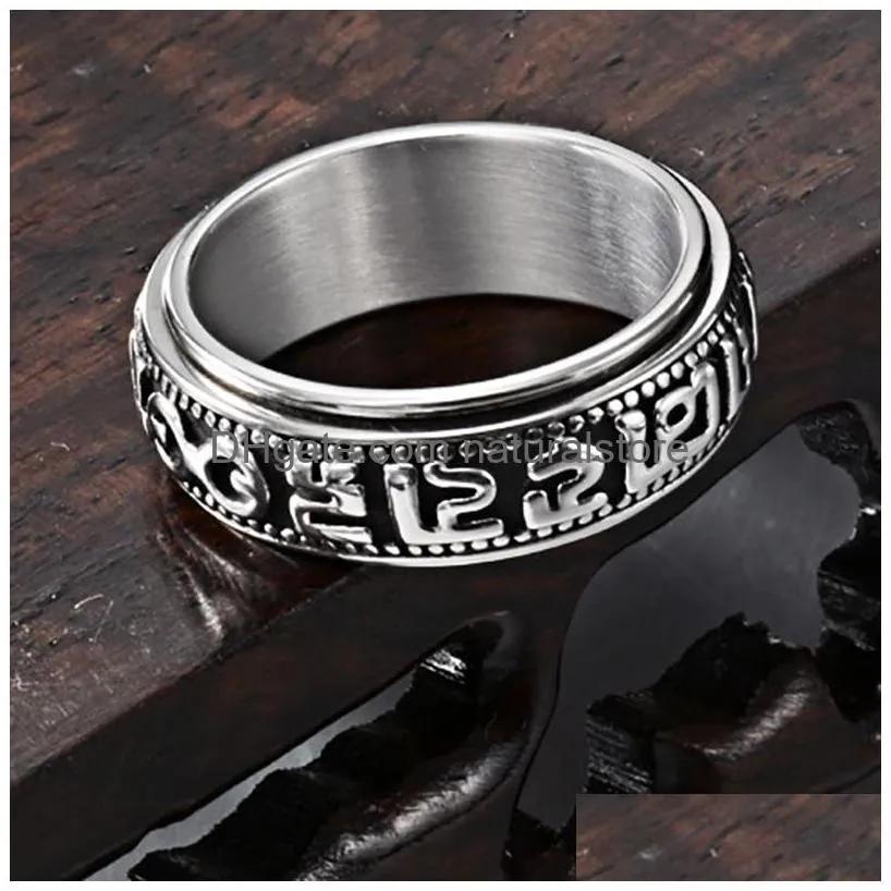 retro stainless steel six-character mantra rings band rotatable ring for men women fashion fine jewelry