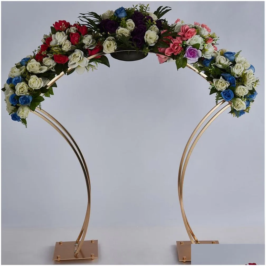 wedding decoration flower vase hotel table centerpieces floral row metal holder flower rack shiny gold arch stand grand-event party