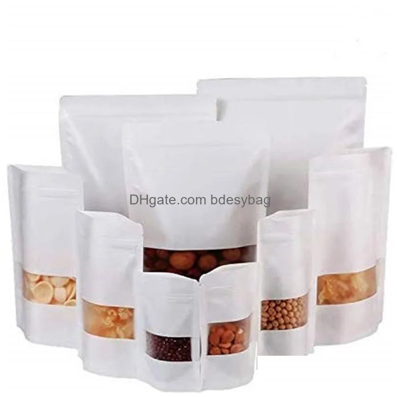 kraft zipper stand up bag reclosable white paper bags for food storage with matte window pouch